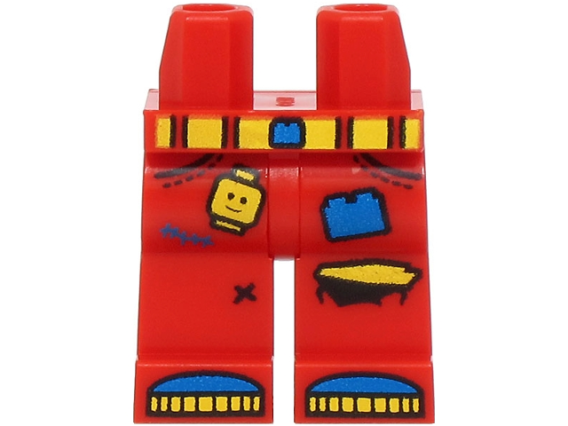 Hips and Legs with Pockets, Torn Knee, Yellow and Blue Belt with Buckle, Minifigure Head, Brick and Shoe Tips Pattern (BAM)