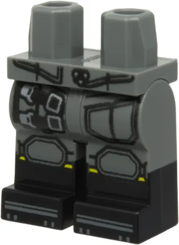 Hips and Legs with Molded Black Lower Legs / Boots and Printed Armor, Knee Pads, Straps with Dark Silver Buckles, Yellow Trim, Dark Bluish Gray Shoes Pattern