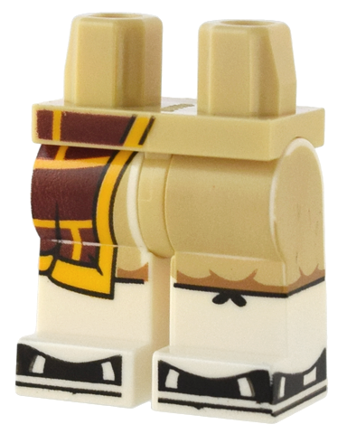 Hips and White Legs with Dark Red Robe End with Bright Light Orange Brick Lines, Tan Pants, and Black Sandals Pattern