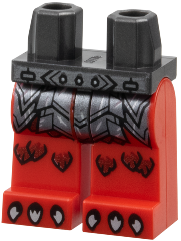 Hips and Red Legs with Dark Silver Belt with Rivets, Segmented Armor with Sharp Plates and Scratches, Dark Red Scales, Silver Claws Pattern