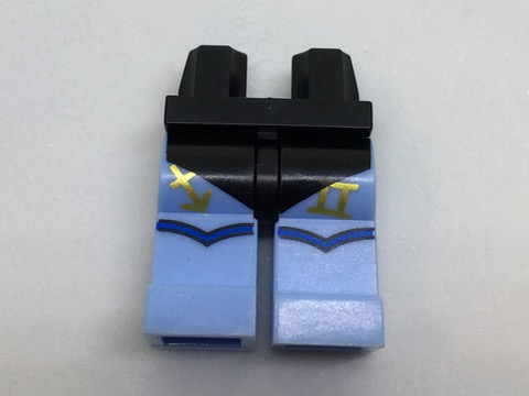 Hips and Bright Light Blue Legs with Black Leotard, Gold Zodiac Signs, and Blue Knee Straps Pattern