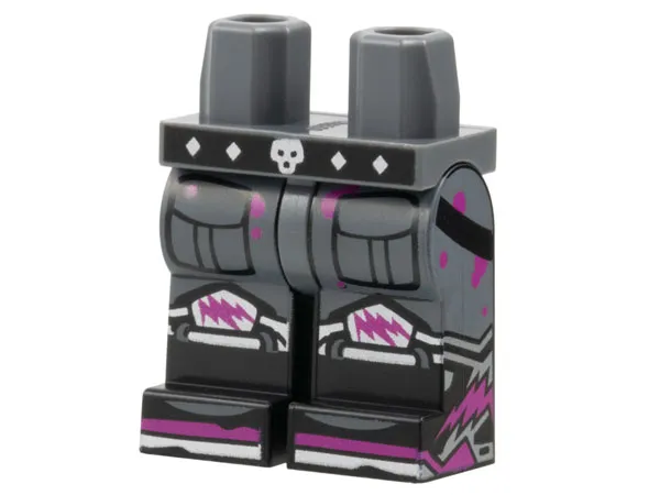 Hips and Black Legs with Black Belt, Silver Skull Buckle, Diamonds, Toes and Knee Pads with Magenta Lightning, Spots and Stripes Pattern