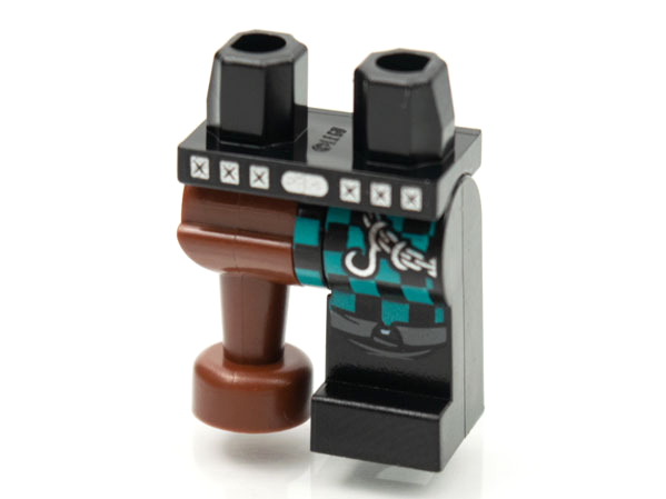 Hips and 1 Black Left Leg, 1 Reddish Brown Pirate Peg Leg with Silver Belt, Chain and Hook, Dark Turquoise Checkered Pants and Black Boot Pattern