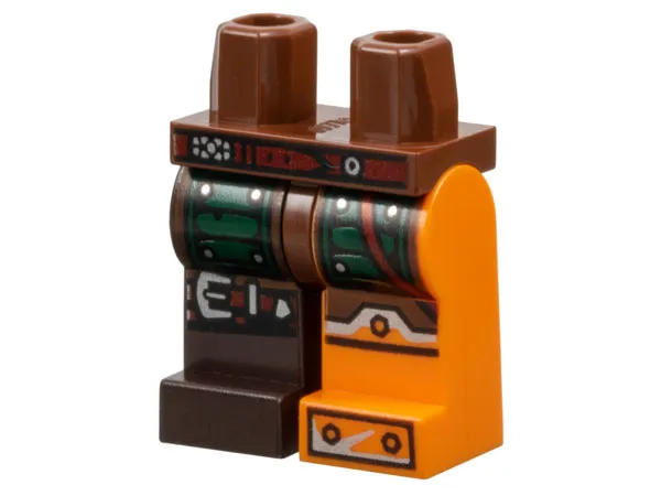 Hips and 1 Orange Left Leg with Armor and Black and Silver Bolted Boots, 1 Dark Brown Right Leg with Green Armor and Knee Belt Pattern