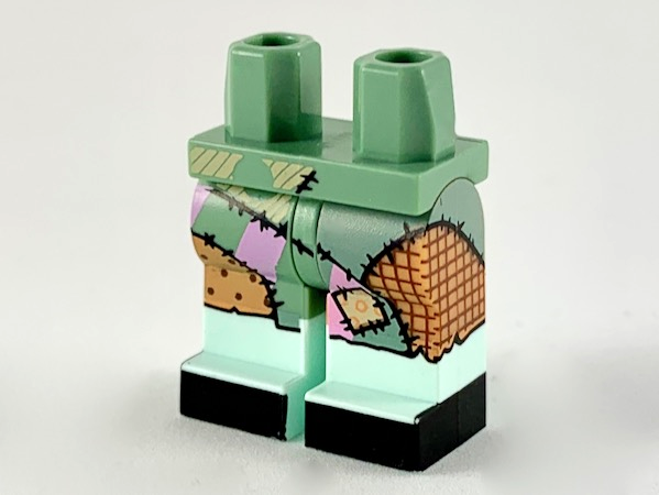 Hips and 1 Nougat Left Leg, 1 Sand Green Right Leg with Light Aqua Boots, Bright Pink, Medium Nougat and Tan Ragdoll Patchwork, Black Stitching and Toes Pattern