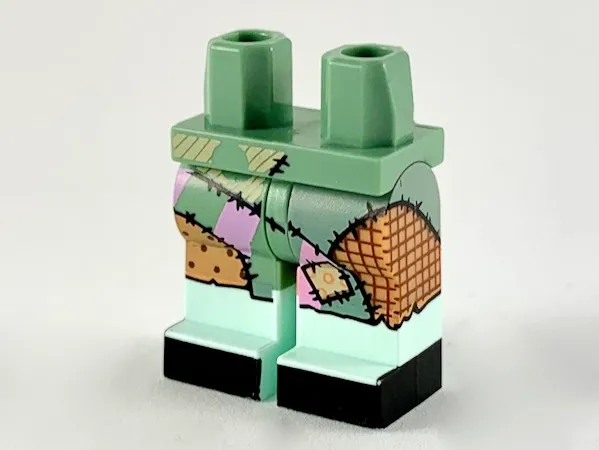 Hips and 1 Nougat Left Leg, 1 Sand Green Right Leg with Light Aqua Boots, Bright Pink, Medium Nougat and Tan Ragdoll Patchwork, Black Stitching and Toes Pattern