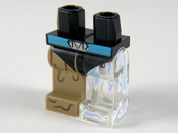 Hips and 1 Trans-Clear Left Leg with Bright Light Blue Ice, 1 Dark Tan Right Leg with Reddish Brown Mud Lines, Medium Azure Belt, Black Leotard Pattern