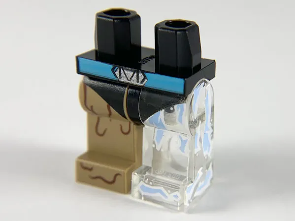 Hips and 1 Trans-Clear Left Leg with Bright Light Blue Ice, 1 Dark Tan Right Leg with Reddish Brown Mud Lines, Medium Azure Belt, Black Leotard Pattern