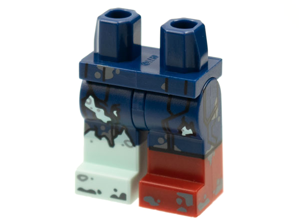 Hips and 1 Dark Blue Left Leg with Dark Red Boot, 1 Dark Blue Right Leg with Light Aqua Boot, Tattered Pants, Dark Bluish Gray Splotches Pattern