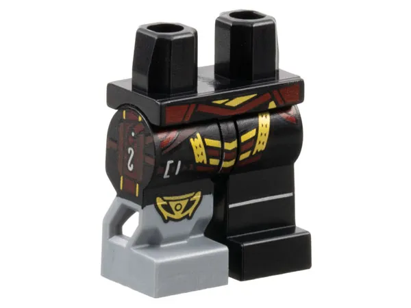 Hips and 1 Black Left Leg, 1 Black Right Leg with Molded Flat Silver Prosthetic and Printed Dark Brown Strap, Dark Red and Gold Trim, Knee Pad Pattern