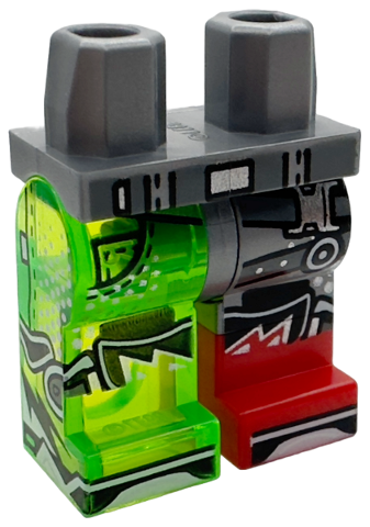 Hips and 1 Flat Silver Left Leg, 1 Trans-Bright Green Right Leg with Molded Red Lower Leg / Boot Left and Printed Belt and Straps with Silver Buckles, Pocket, Black Shapes, Shoe Tips Pattern