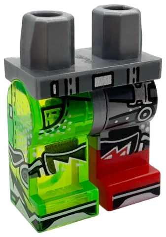 Hips and 1 Flat Silver Left Leg, 1 Trans-Bright Green Right Leg with Molded Red Lower Leg / Boot Left and Printed Belt and Straps with Silver Buckles, Pocket, Black Shapes, Shoe Tips Pattern