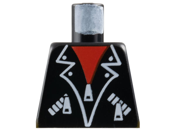 Torso Leather Jacket with White Lapel Outlines, Pockets and Zippers over Red Shirt Pattern