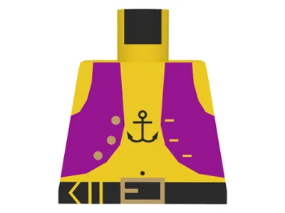 Torso Pirate Dark Purple Vest Open with Gold Buttons, Black Belt with Buckle, Anchor Tattoo, Navel Pattern