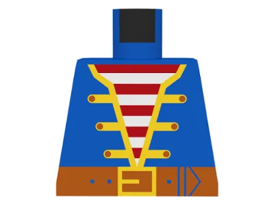 Torso Pirate Jacket Open with Yellow Trim over Shirt with Red and White Horizontal Stripes, Dark Orange Belt with Buckle Pattern