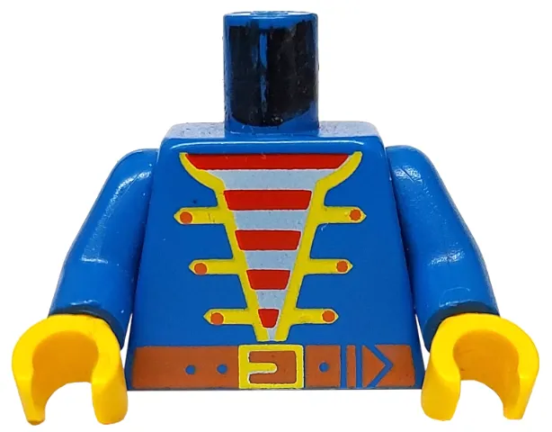 Torso Pirate Jacket Open with Yellow Trim over Shirt with Red and White Horizontal Stripes, Dark Orange Belt with Buckle Pattern / Blue Arms / Yellow Hands