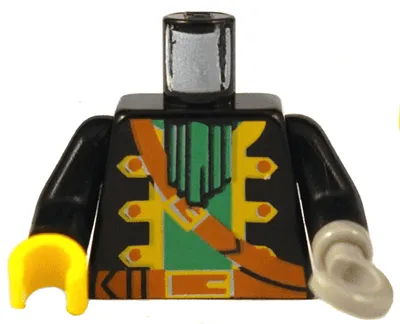 Torso Pirate Captain Jacket Open with Yellow Trim over Green Shirt with Neck Ruffle, Brown Strap, Belt with Buckle Pattern / Black Arms / Light Gray Hook Left / Yellow Hand Right
