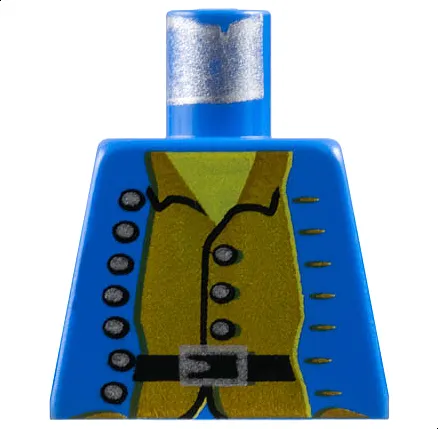 Torso Pirate Jacket Open with Silver Buttons over Brown Shirt, Black Belt with Buckle, Yellow Neck Pattern