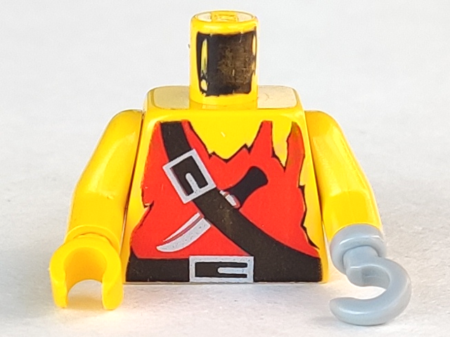 Torso Pirate Red Tank Top Tattered, Black Belts with Silver Buckles, Knife Pattern / Yellow Arms / Light Gray Hook Left / Yellow Hand Right