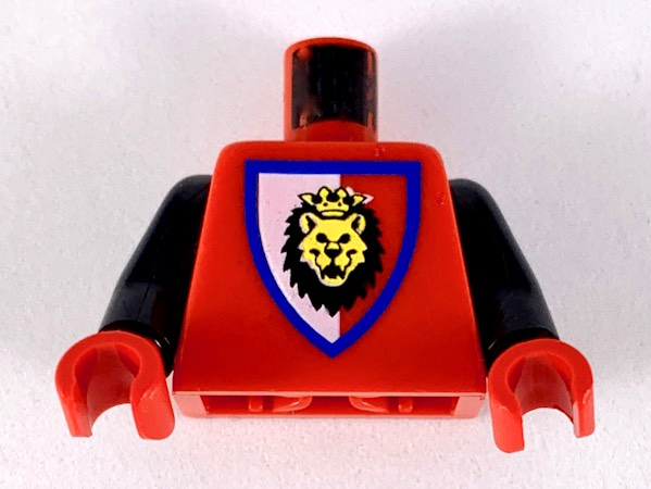Torso Castle Royal Knights Lion Head on Red/White Shield Pattern / Black Arms / Red Hands