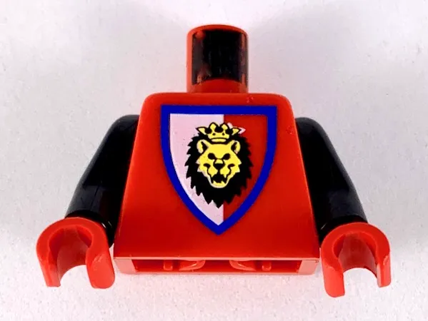 Torso Castle Royal Knights Lion Head on Red/White Shield Pattern / Black Arms / Red Hands