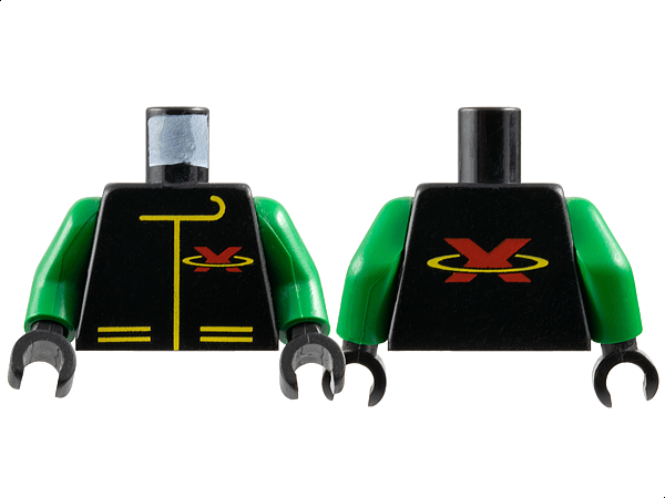 Torso Racing Suit with Red Letter X Extreme Team Logo and Yellow Lines Pattern / Green Arms / Black Hands