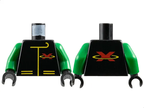 Torso Racing Suit with Red Letter X Extreme Team Logo and Yellow Lines Pattern / Green Arms / Black Hands
