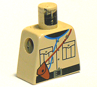 Torso Shirt with Pockets, Dark Gray Buttons, and Black Collar, Belt with Buckle, Brown Strap with Pouch, Blue Cord Pattern