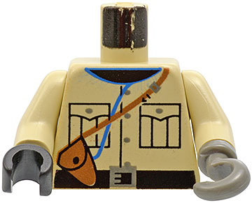 Torso Shirt with Pockets, Dark Gray Buttons, and Black Collar, Belt with Buckle, Brown Strap with Pouch, Blue Cord Pattern / Tan Arms / Black Hand Right / Dark Gray Hook Left