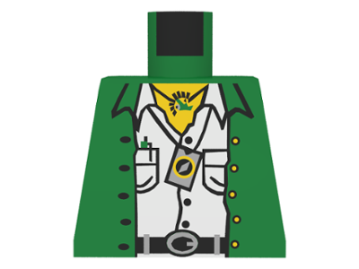 Torso Jacket Open over Tan Shirt with Buttons and Pockets, Black Belt with Silver Buckle, Necklace, Pen, Compass, Yellow Neck Pattern