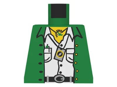 Torso Jacket Open with Buttons over Tan Safari Shirt with Pockets, Black Belt with Silver Buckle and Loops, Necklace, Pen, Compass, Yellow Neck Pattern