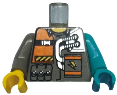 Torso Rock Raiders Orange Patch, 2 Hoses Pattern (Chief) / Dark Turquoise Arm and Hand Left / Dark Gray Arm and Yellow Hand Right