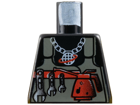 Torso Alpha Team Logo on Necklace, Dark Gray Vest, Tools Pattern