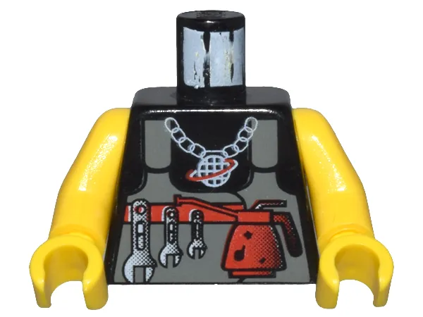 Torso Alpha Team Logo on Necklace, Dark Gray Vest, Tools Pattern / Yellow Arms / Yellow Hands