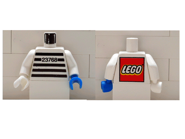 Torso Jail Stripes with Number 23768 Pattern - LEGO Logo on Back / White Arms / White Hand Right / Blue Hand Left