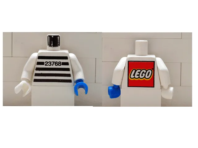 Torso Jail Stripes with Number 23768 Pattern - LEGO Logo on Back / White Arms / White Hand Right / Blue Hand Left
