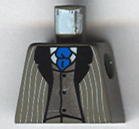 Torso Suit Jacket Open with Light Gray Pinstripes and Black Lapels over Silver Vest with Buttons and White Shirt, Blue Tie Pattern