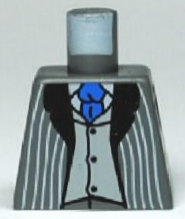 Torso Suit Jacket Open with Light Bluish Gray Pinstripes and Black Lapels over Vest with Buttons and White Shirt, Blue Tie Pattern