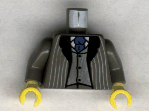 Torso Suit Jacket Open with Light Gray Pinstripes and Black Lapels over Silver Vest and White Undershirt, Blue Tie Pattern / Dark Gray Arms / Yellow Hands