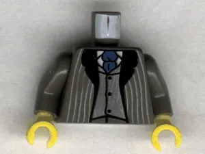 Torso Suit Jacket Open with Light Gray Pinstripes and Black Lapels over Silver Vest and White Undershirt, Blue Tie Pattern / Dark Gray Arms / Yellow Hands