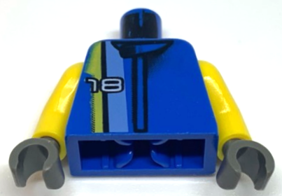 Torso Racers White '18' on Medium Blue, Black, and Yellow Stripes Pattern / Yellow Arms / Dark Gray Hands