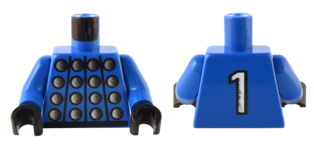 Torso Studded Armor with Silver Circles, Black Belt, White Number 1 on Back Pattern / Blue Arms / Black Hands