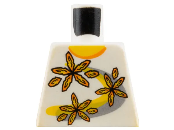 Torso Shirt with Orange Collar and 3 Flowers over Yellow and Silver Curved Stripes Pattern