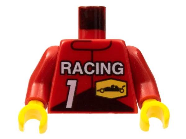 Torso Race Driver with White 'RACING', Number 1, and Black Race Car on Yellow Hexagon Pattern / Red Arms / Yellow Hands