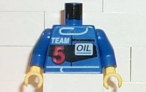 Torso Race Driver with White 'TEAM', Red Number 5, and Black 'OIL' Pattern / Blue Arms / Yellow Hands