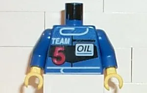 Torso Race Driver with White 'TEAM', Red Number 5, and Black 'OIL' Pattern / Blue Arms / Yellow Hands