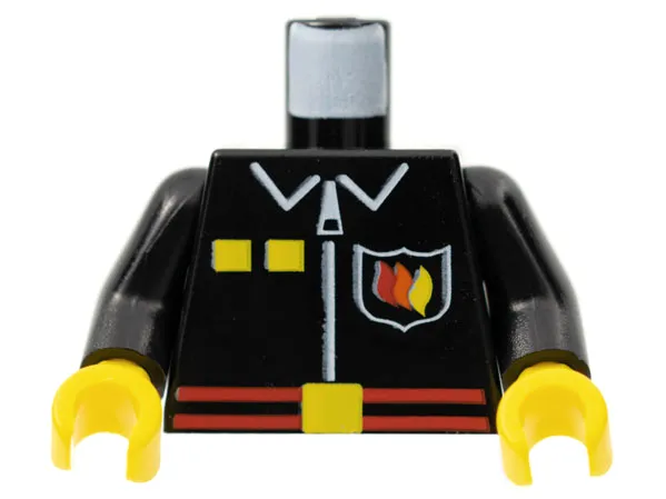 Torso Fire Uniform Shirt with Flame Badge Logo, Yellow Squares, and White Zipper, Red Belt with Buckle Pattern / Black Arms / Yellow Hands