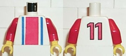 Torso Soccer Vertical Red and Blue Stripes and Number 11 on Back Pattern / Red Arms / Yellow Hands