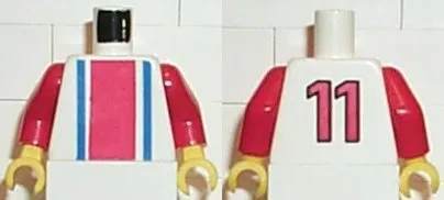 Torso Soccer Vertical Red and Blue Stripes and Number 11 on Back Pattern / Red Arms / Yellow Hands