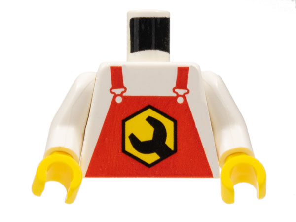 Torso Overalls Red with Black Wrench Head in Yellow Hexagon Pattern / White Arms / Yellow Hands